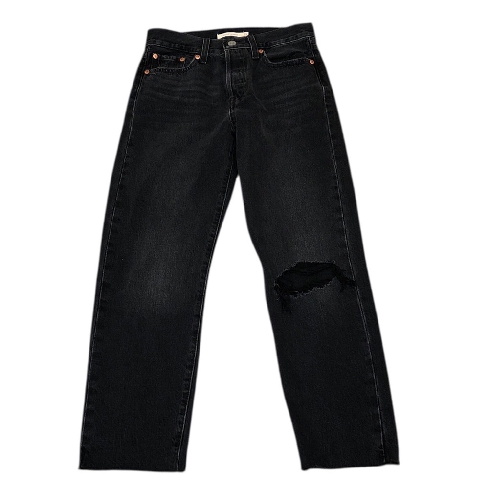Levi’s Wedgie Straight Leg Jeans Size 25 Faded Distressed Black Raw Cut Off Hem